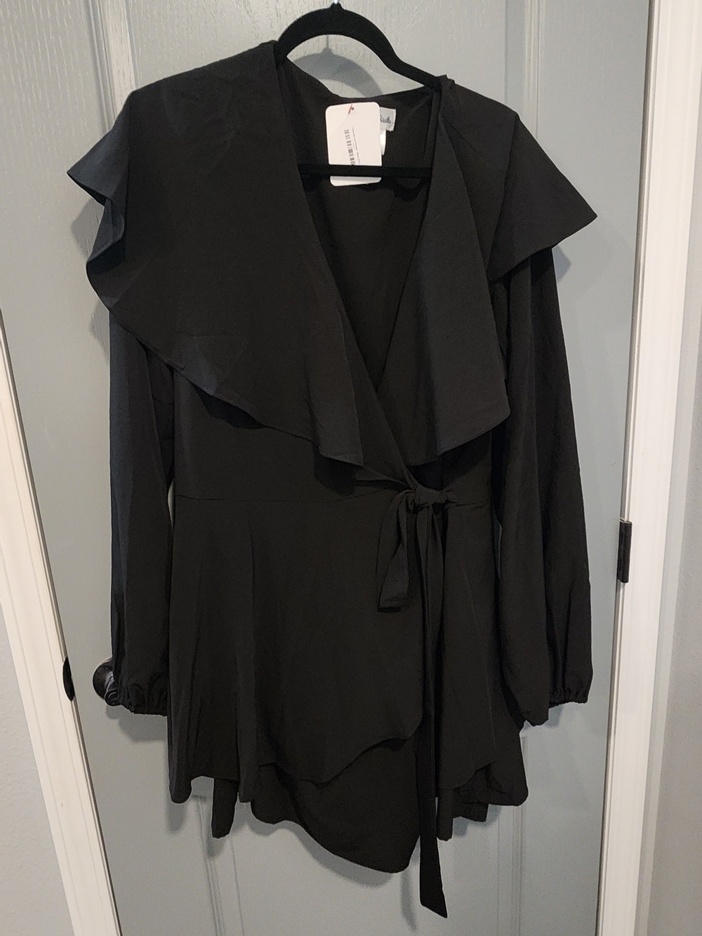 Black Ruffle Wrap Romper with Tie Waist